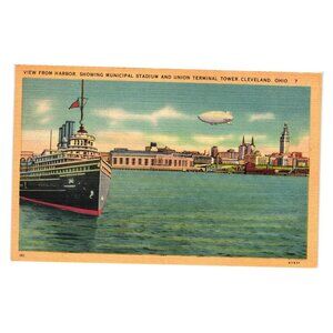 Harbor Cleveland Ohio Postcard Municipal Stadium Union Terminal Tower Boat Ship